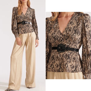 Veronica Beard Silk Blouse Top Snake Animal Print Peplum Long Sleeve Size 4